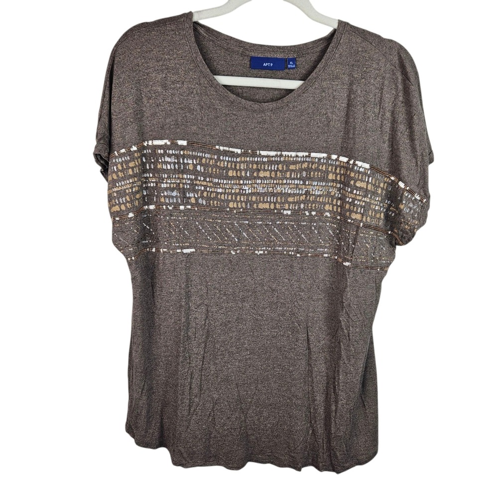Apt. 9 Womens Top XL Brown‎ Gold Sequin Cap Sleeve Blouse